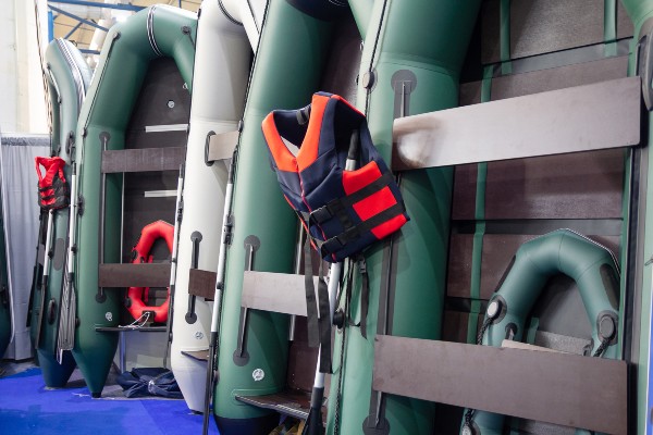 Inflatable boats in the store. Sports equipment